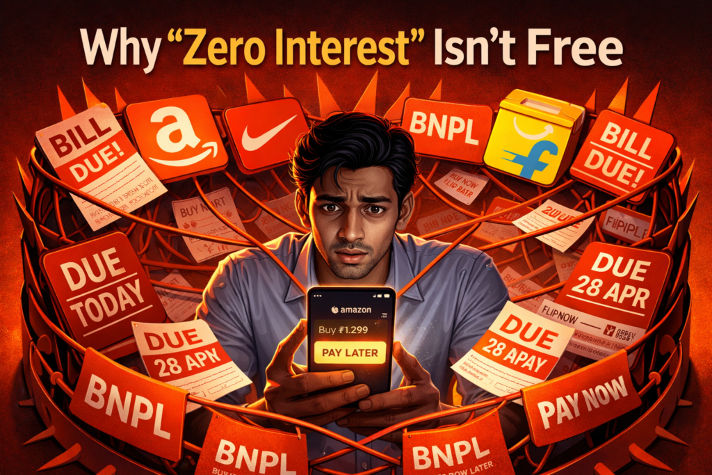 illustration of the BNPL debt trap in India with a phone, bills, and warning signs