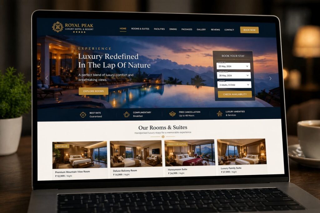 Laptop screen showing a luxury hotel website