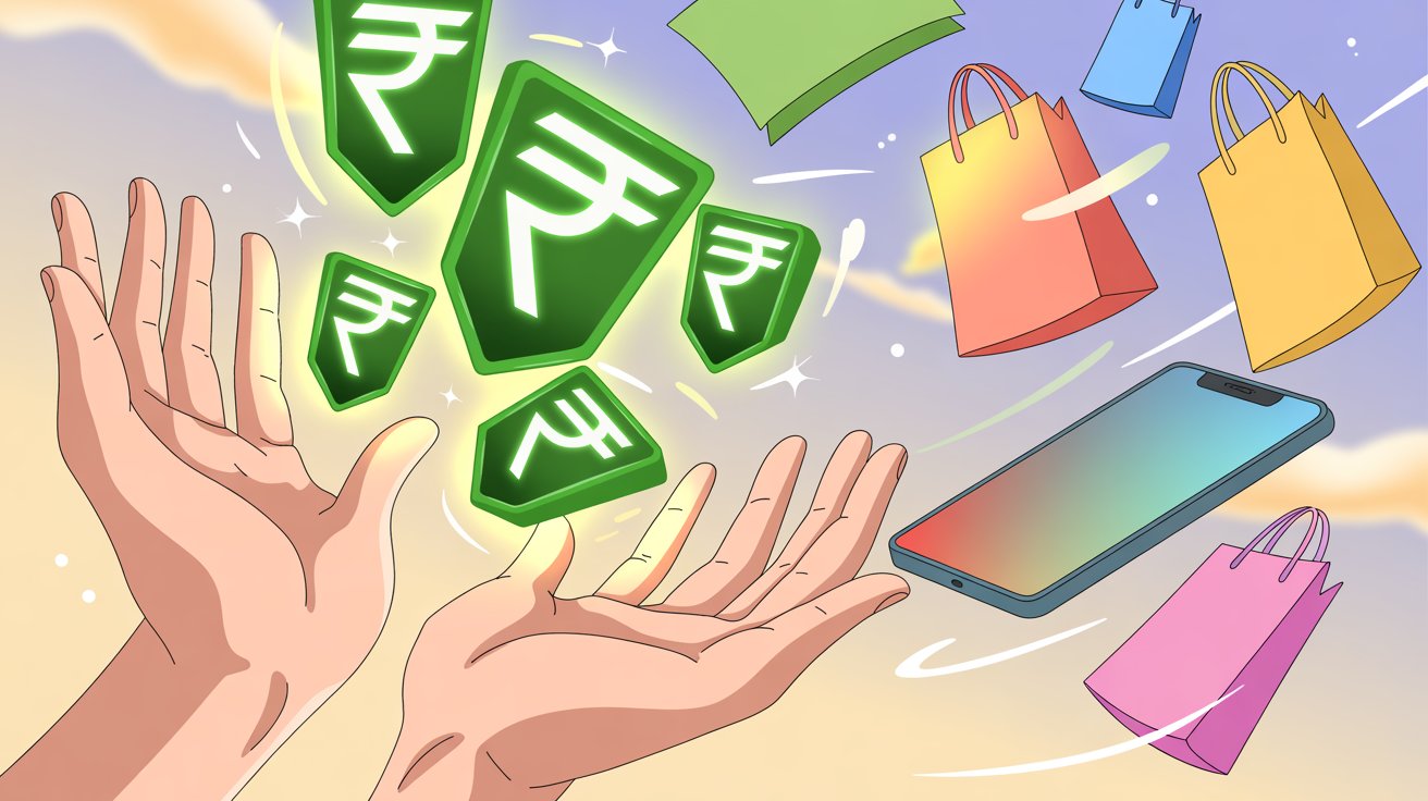 Rupees flying away from hands, shopping bags and phone floating